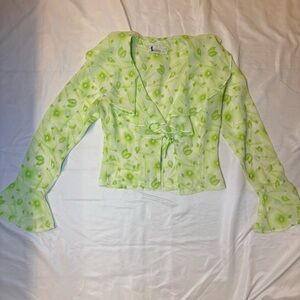 Sheer Light Green Floral Tie-Front Blouse with Ruffle Collar